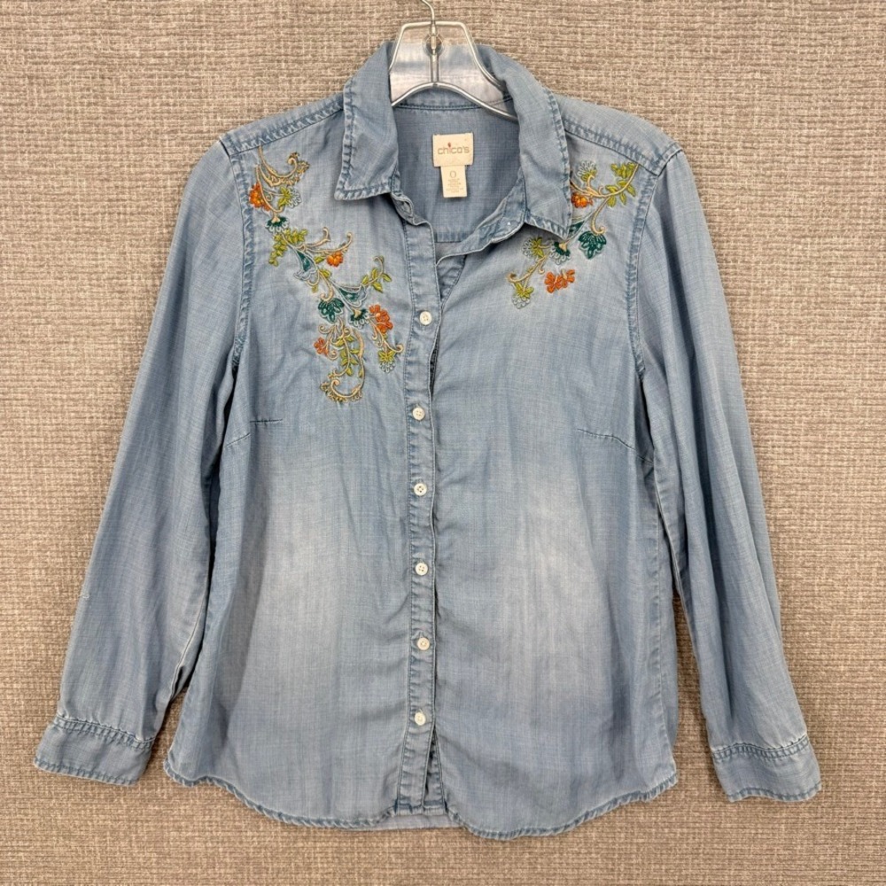Chico's Embroidered Lyocell Denim Shirt Women S Blue Floral Boho Western